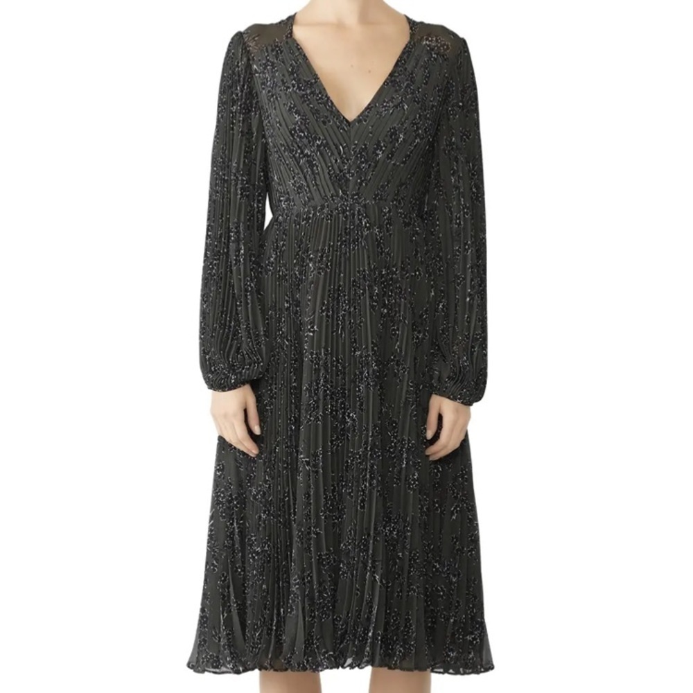 Fame & Partners The Landry Dress Green Black Floral Pleated 12